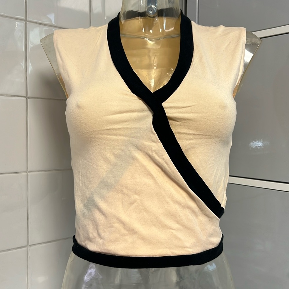 Faux-Wrap Sleeveless Ballet Pullover Warmup Top NWT Peach/Blk